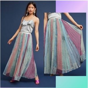 Anthropologie Geisha Designs Lily Pleated Maxi Skirt, Metallic Elastic Waistband